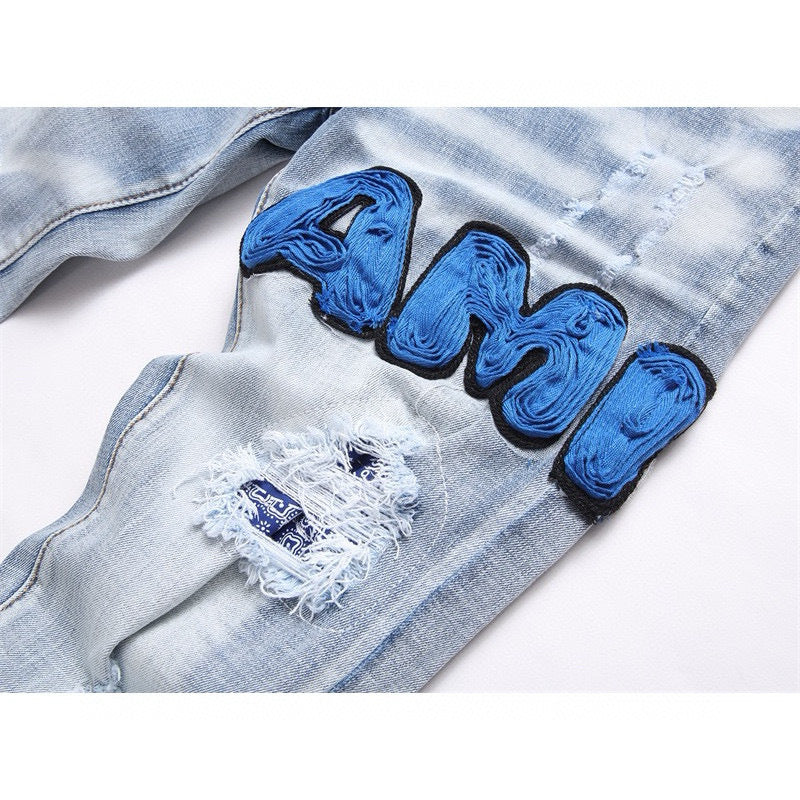 American Style Trendy Brand Jeans for Men with Patch Embroidery High Street Basic Ripped Skinny Fashion Casual Stretch Straight Long Pants