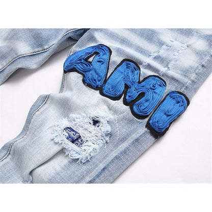 American Style Trendy Brand Jeans for Men with Patch Embroidery High Street Basic Ripped Skinny Fashion Casual Stretch Straight Long Pants