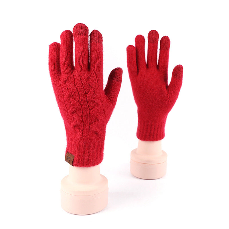 2024 Winter Popular Japanese Wool Knitted Plaid Gloves Fleece-lined Thickened Cycling Five-Finger Touch Screen Warm Gloves