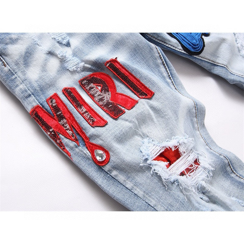 American Style Trendy Brand Jeans for Men with Patch Embroidery High Street Basic Ripped Skinny Fashion Casual Stretch Straight Long Pants