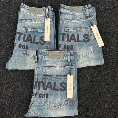 FEAR OF GQD Double Line Blue Heavy Washed Jeans High Street Couple Men and Women Jeans