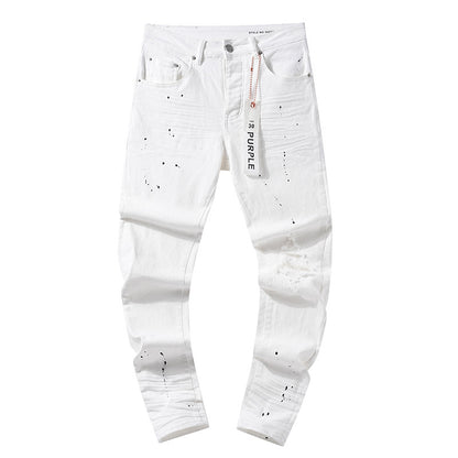 Jeans Washed and Distressed Retro Tattered Jeans Splash Ink Ruffle Handsome and Beautiful Style