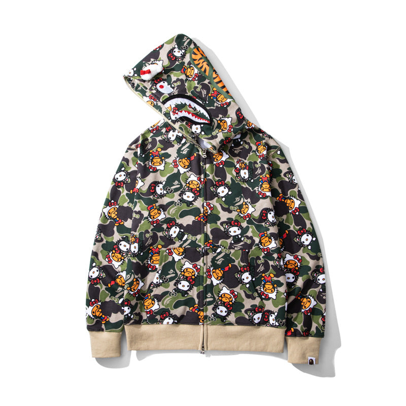 Men's Sweatshirt Shark Cartoon Camouflage Hello Kitty Casual Loose Hooded Top Women's Jacket