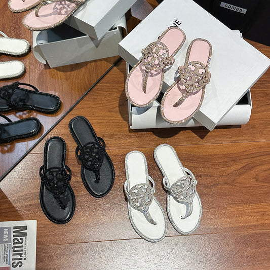 TB Women's Slippers 2025 Summer New Diamond Flip-Flops Beach Foreign Trade  Large Size Sandals Slippers
