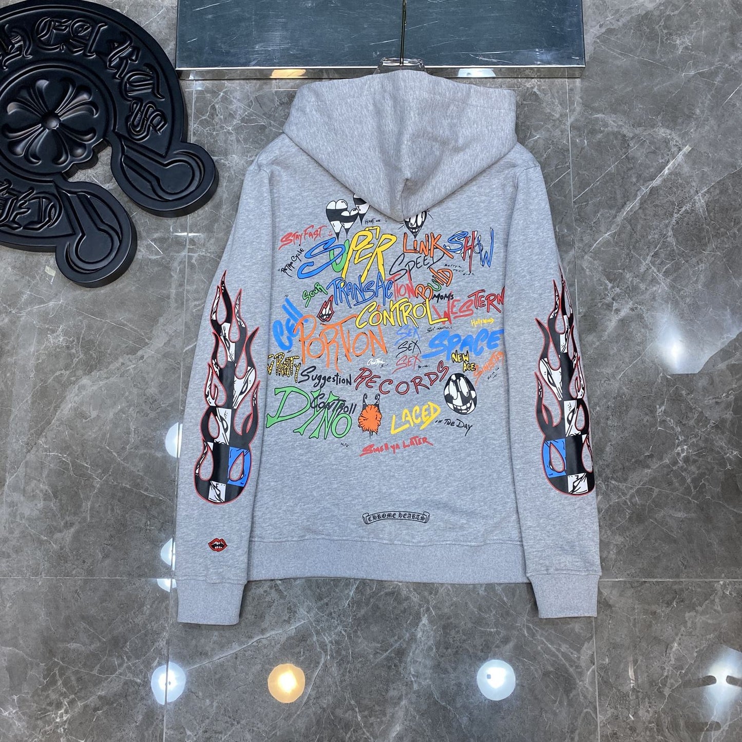 21SS Correct Version Crow Matty Graffiti Flame Cross Flower Arm Hooded Sweatshirt Couple Style