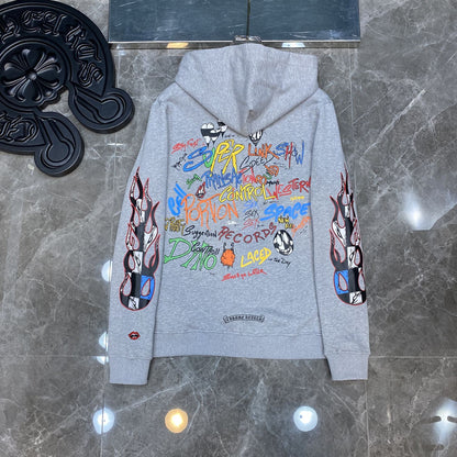 21SS Correct Version Crow Matty Graffiti Flame Cross Flower Arm Hooded Sweatshirt Couple Style