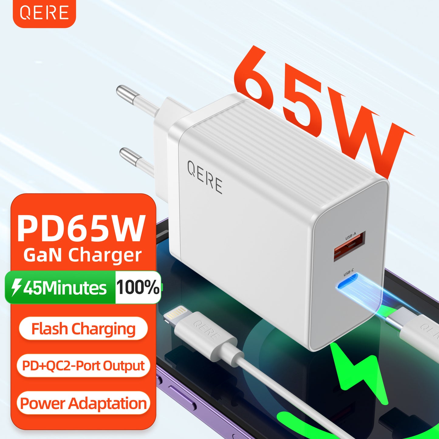 European Standard 65W Gallium Nitride Charger Fast Charge PD for Android Apple iPhone Huawei Xiaomi