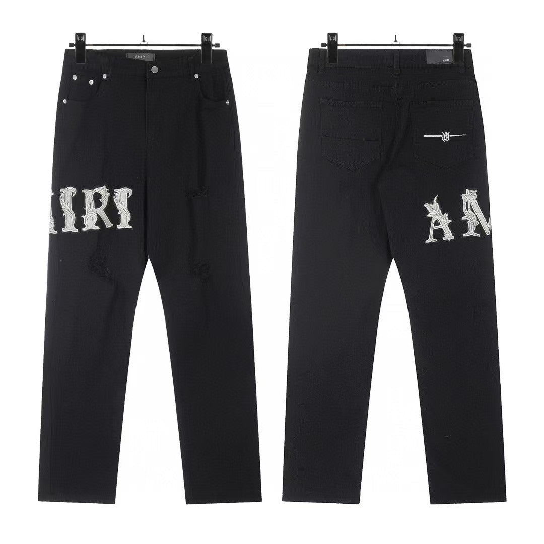 Cross-Border Foreign Trade AM American High Street Ripped Patch Letter Embroidery Washed Slim Straight Skinny Jeans Long Pants