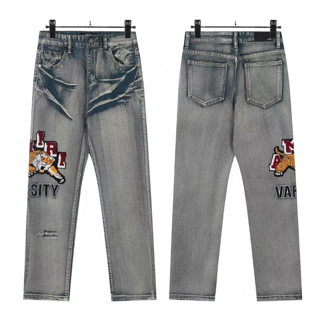 Cross-Border Foreign Trade AM American High Street Ripped Patch Letter Embroidery Washed Slim Straight Skinny Jeans Long Pants