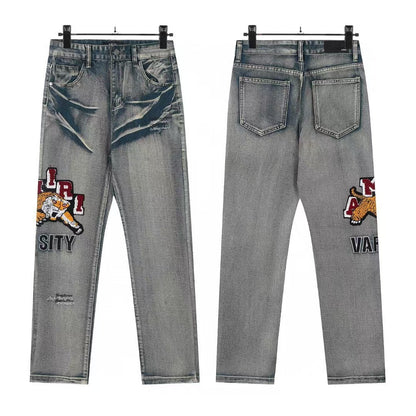Cross-Border Foreign Trade AM American High Street Ripped Patch Letter Embroidery Washed Slim Straight Skinny Jeans Long Pants