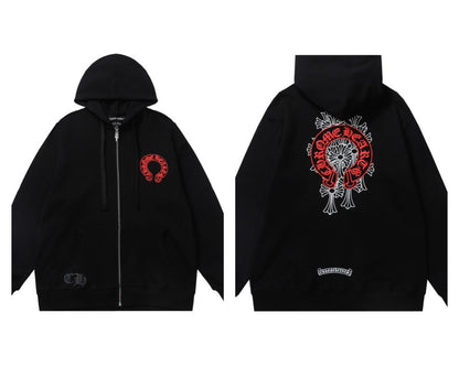 CH Autumn Winter New Cross Scroll Simple Classic Hooded Sweatshirt Zipper Pure Cotton Jacket
