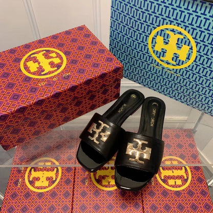 TB Wedge Sandals for Women Summer Outdoor New Fashion Square Toe Chunky Heel Casual One-Strap Slippers