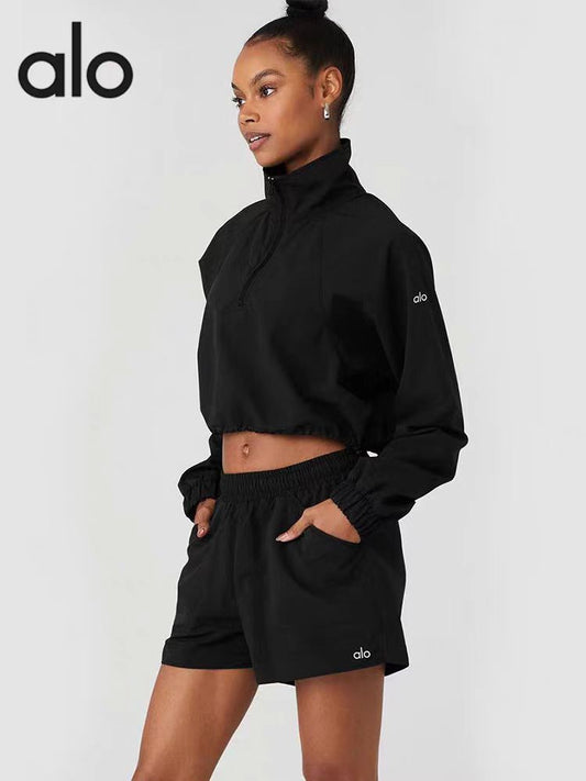 A-L Half-Zip Sun Protection Jacket Short Cropped Stand Collar Set Women's Sports Casual Pullover Top + Shorts