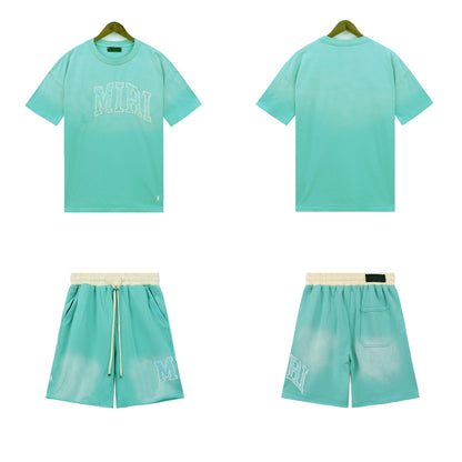 Ami Summer Washed and Worn Casual Letter American T-shirt Loose Men's and Women's Same Shorts Suit
