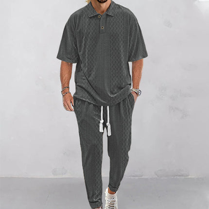 2025  Short-Sleeved Men's T-shirt Loose Leisure Suit Summer Simplicity Solid Color Jacquard Heavy T-shirt Trousers Suit