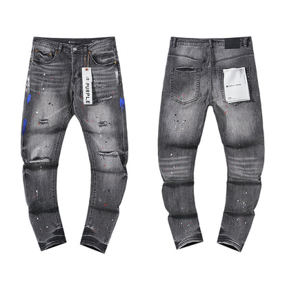 Jeans Washed and Distressed Retro Tattered Jeans Splash Ink Ruffle Handsome and Beautiful Style