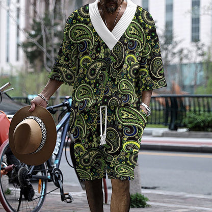 Graffiti Print Men's Three-Quarter Sleeve Short Sleeve Shorts Oversize Drop Shoulder Casual Set