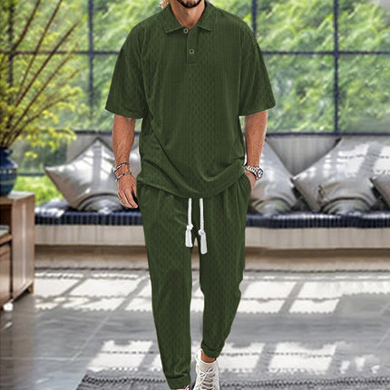 2025  Short-Sleeved Men's T-shirt Loose Leisure Suit Summer Simplicity Solid Color Jacquard Heavy T-shirt Trousers Suit