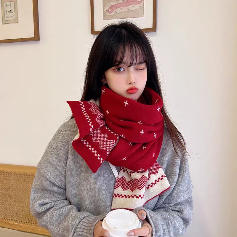 Christmas gift Christmas atmosphere Woolen all-match Autumn scarf Winter warm extension couple girl student cute skin scarf