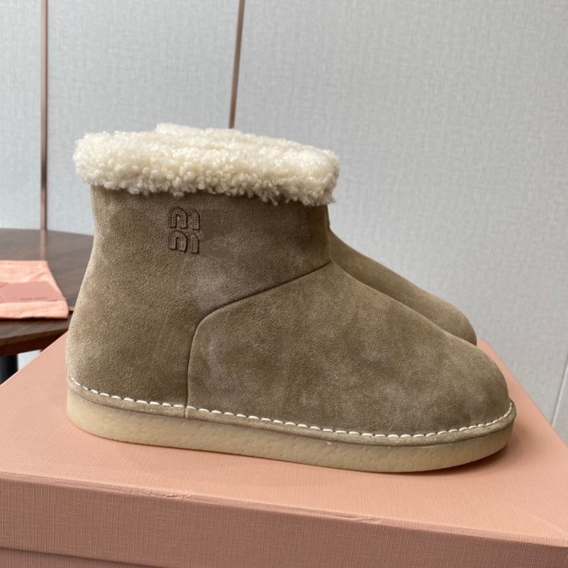 French Style Sheepskin Thick-Soled Snow Boots Round Toe Cow Suede Patchwork Warm Short Boots Versatile Flat Short Cotton Boots