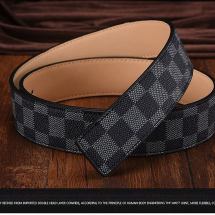 New Men's Belt Smooth Buckle Waist Belt Letter Youth Plaid Pattern Belt Korean Style Trendy Casual Versatile