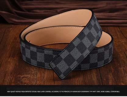 New Men's Belt Smooth Buckle Waist Belt Letter Youth Plaid Pattern Belt Korean Style Trendy Casual Versatile