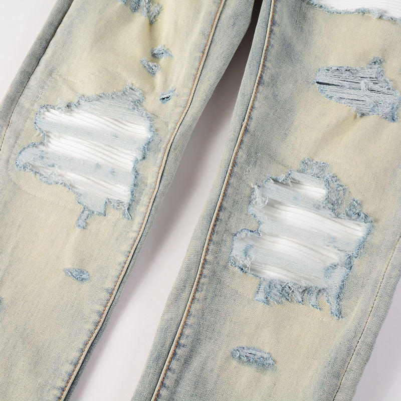 High Street Fashion Men's Jeans with Ripped Patches, Distressed Light Blue Slightly Stretchy Slim Fit Skinny Pants, Trendy Long Pants for Men