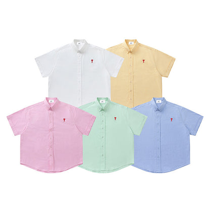 Trendy Brand Am* Small Heart Embroidered Shirt Casual Loose Fit Unisex Couple Style Amy Cotton Long Sleeve Top(2)