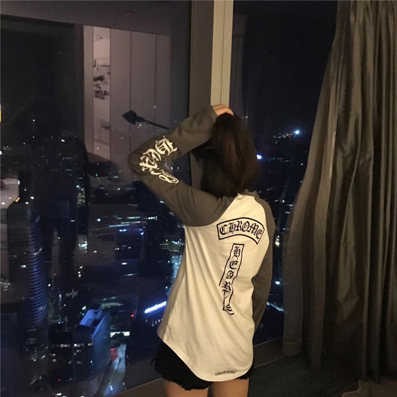 Ch Hearts 23ss Trendy Brand Unisex Pure Cotton Large Horse Hoof Color Block Raglan Long Sleeve T-Shirt