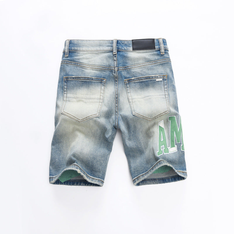 Fashion Street Style Men's Denim Shorts Summer Light Blue Trendy Brand Embroidered Patch Elastic Five-Point Denim Mid-Length Shorts