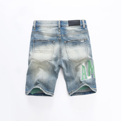 Fashion Street Style Men's Denim Shorts Summer Light Blue Trendy Brand Embroidered Patch Elastic Five-Point Denim Mid-Length Shorts