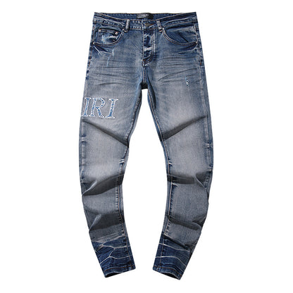 Jeans Washed and Distressed Retro Tattered Jeans Splash Ink Ruffle Handsome and Beautiful Style