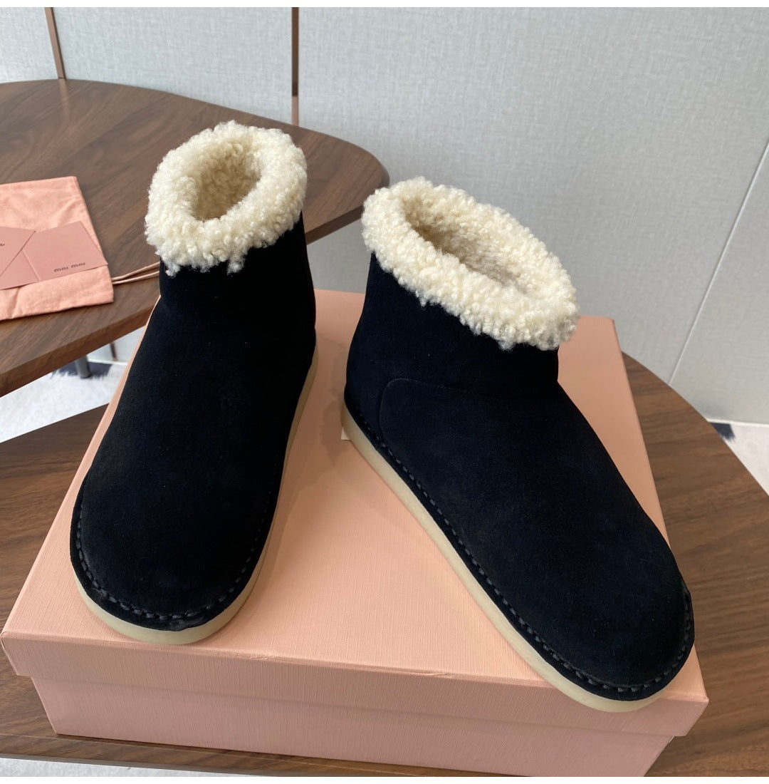 French Style Sheepskin Thick-Soled Snow Boots Round Toe Cow Suede Patchwork Warm Short Boots Versatile Flat Short Cotton Boots