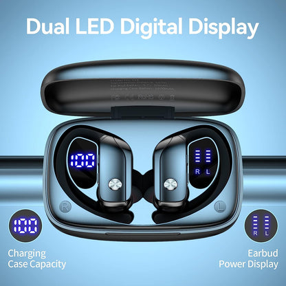 GM T16 running earbuds Wireless Earbuds Bluetooth Headphones 48hrs Play Back Sport Earphones with LED Display Over-Ear Buds with Earhooks Built-in Mic Headset for Workout Blue