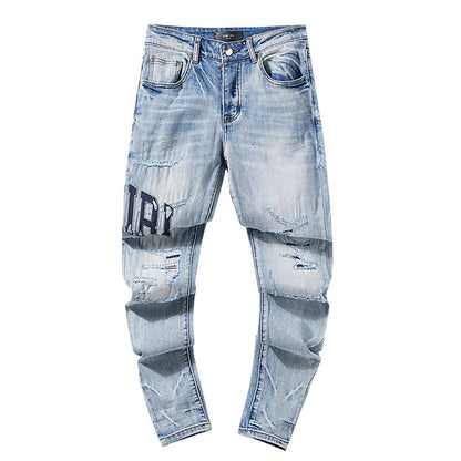 Jeans Washed and Distressed Retro Tattered Jeans Splash Ink Ruffle Handsome and Beautiful Style