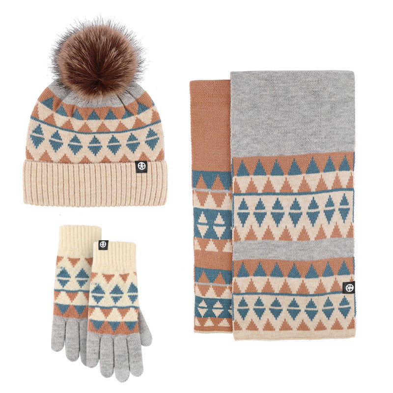 Winter New Japanese Style Knitting Gloves Scarf Hat Three-Piece Set Wool Warm Cold-Proof Fur Ball Scarf Three-Piece Set