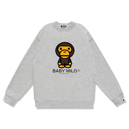 Terry Sweatshirt with Ape Man Letter Print, Unisex, Pure Cotton, Loose Fit, Thin, Crew Neck Pullover Top, Outerwear
