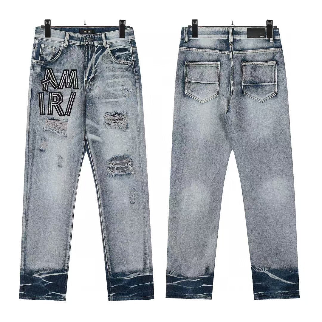 Cross-Border Foreign Trade AM American High Street Ripped Patch Letter Embroidery Washed Slim Straight Skinny Jeans Long Pants