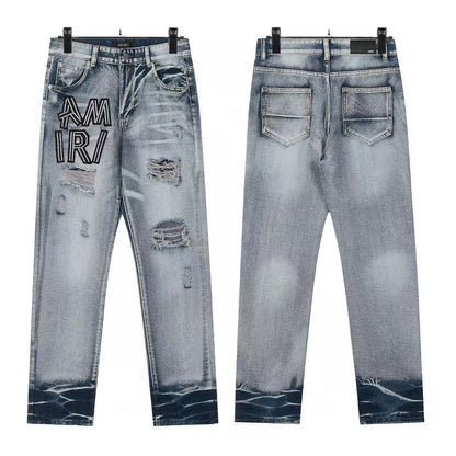 Cross-Border Foreign Trade AM American High Street Ripped Patch Letter Embroidery Washed Slim Straight Skinny Jeans Long Pants