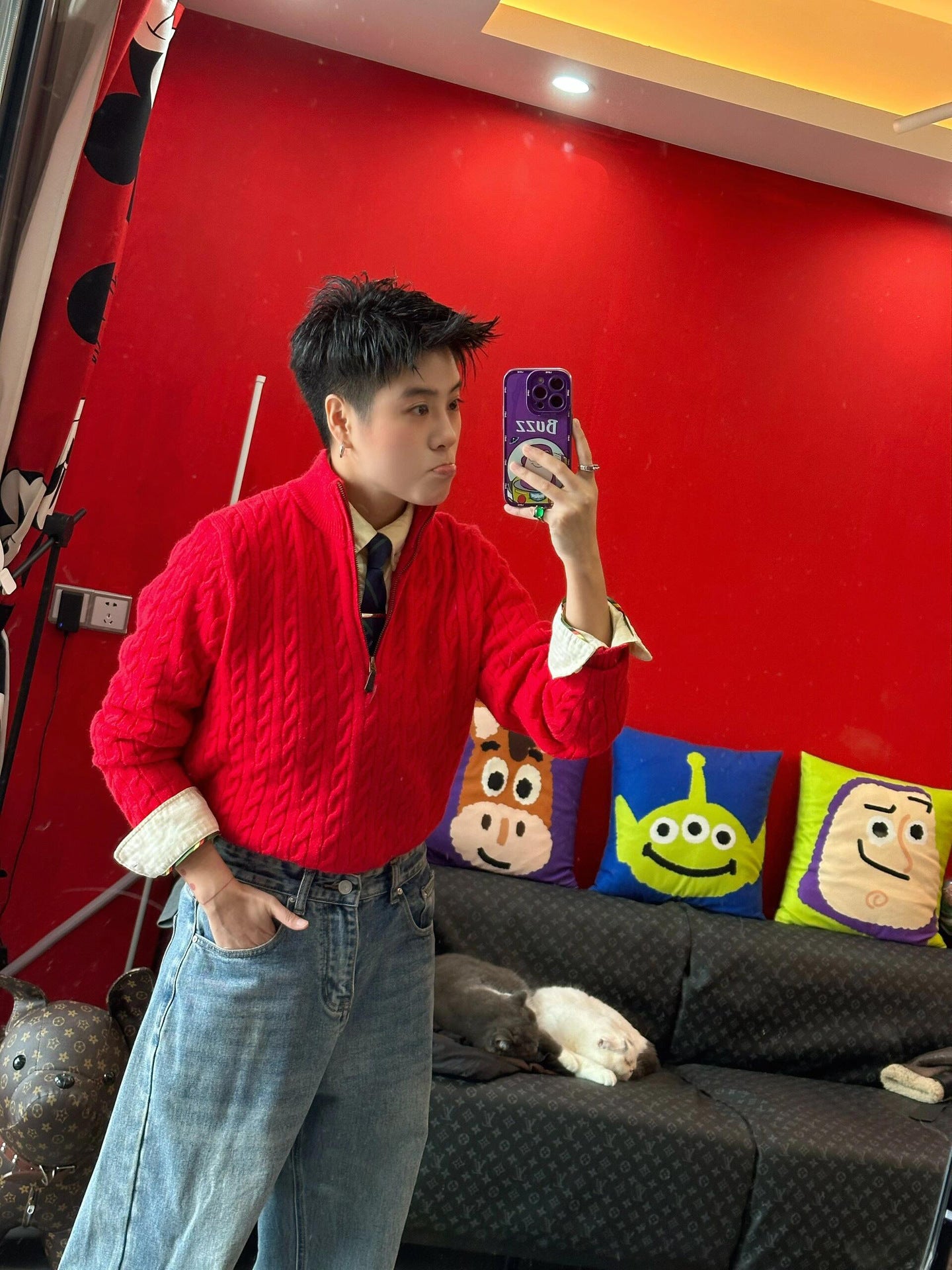 Real Shot RL Raffi Pony Label Embroidered Knit Sweater Men Autumn Winter Stand Collar Cable Couple Half Zip Sweater Women