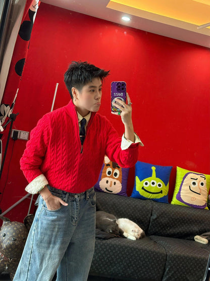 Real Shot RL Raffi Pony Label Embroidered Knit Sweater Men Autumn Winter Stand Collar Cable Couple Half Zip Sweater Women