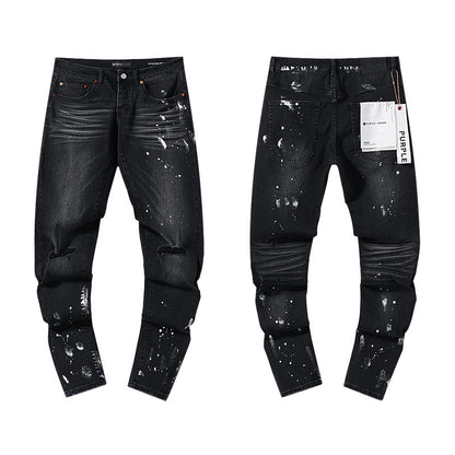 Jeans Washed and Distressed Retro Tattered Jeans Splash Ink Ruffle Handsome and Beautiful Style