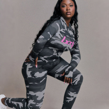 2025 Autumn Women's New Fashion Hooded Camouflage Print Long Sleeve Sports Trendy Slim Fit Long Pants Two-Piece Set
