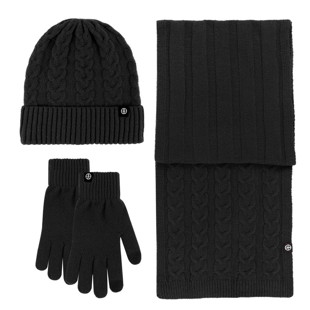 New Solid Color Wool Warm Hat Scarf Gloves Three-Piece Set Cold-Proof Fur Ball Fleece-lined Knitting Suit