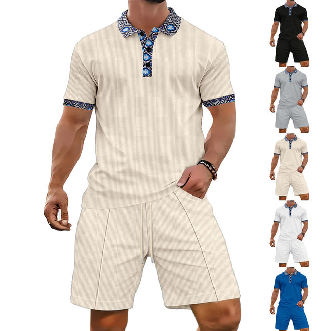 Men's New Waffle Zipper Solid Color Turn-Down Collar Short Sleeve T-Shirt Shorts Casual Set