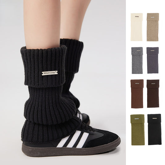 Autumn and Winter Thick Warm Leg Warmer Knitted Leg Warmers Y2g Hot Girl Personality Metal Label Double Needle Thick Thread Flip Bunching Socks