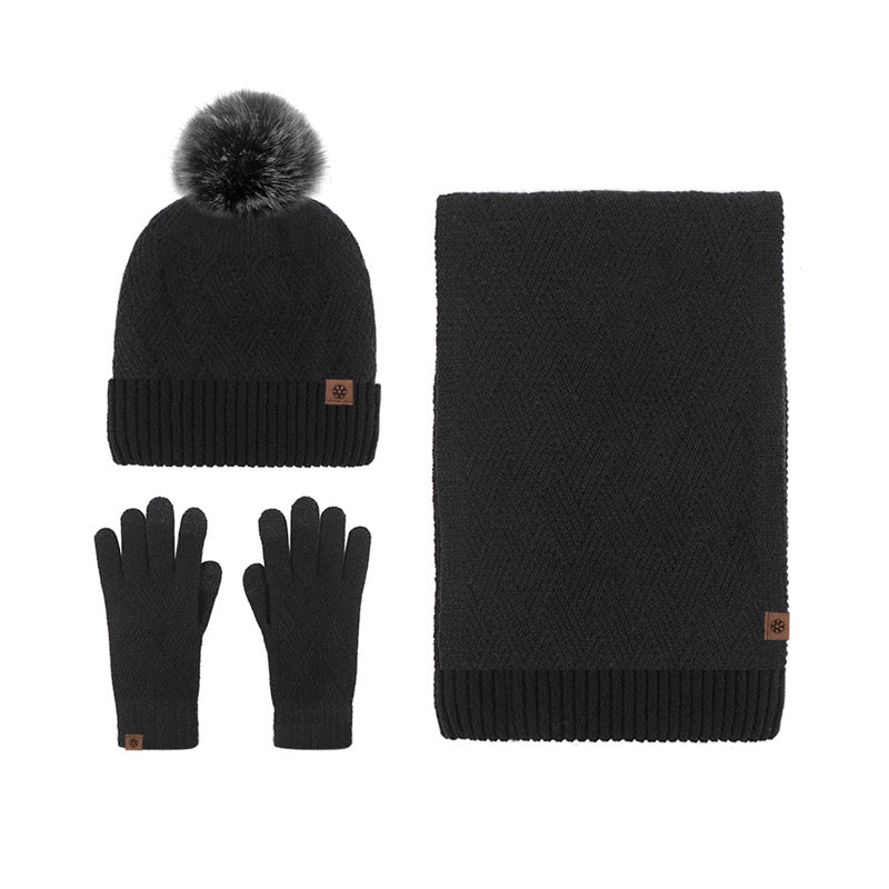 New Solid Color Wool Warm Hat Scarf Gloves Three-Piece Set Cold-Proof Fur Ball Fleece-lined Knitting Suit