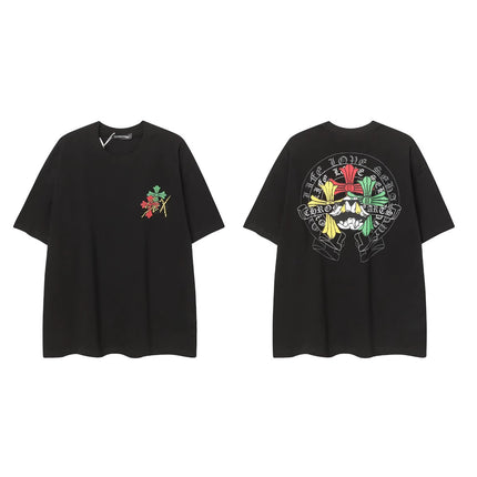 2025 New CHRM Heart Cross Sanskrit Patch Print Embroidery Loose Short Sleeve for Men and Women