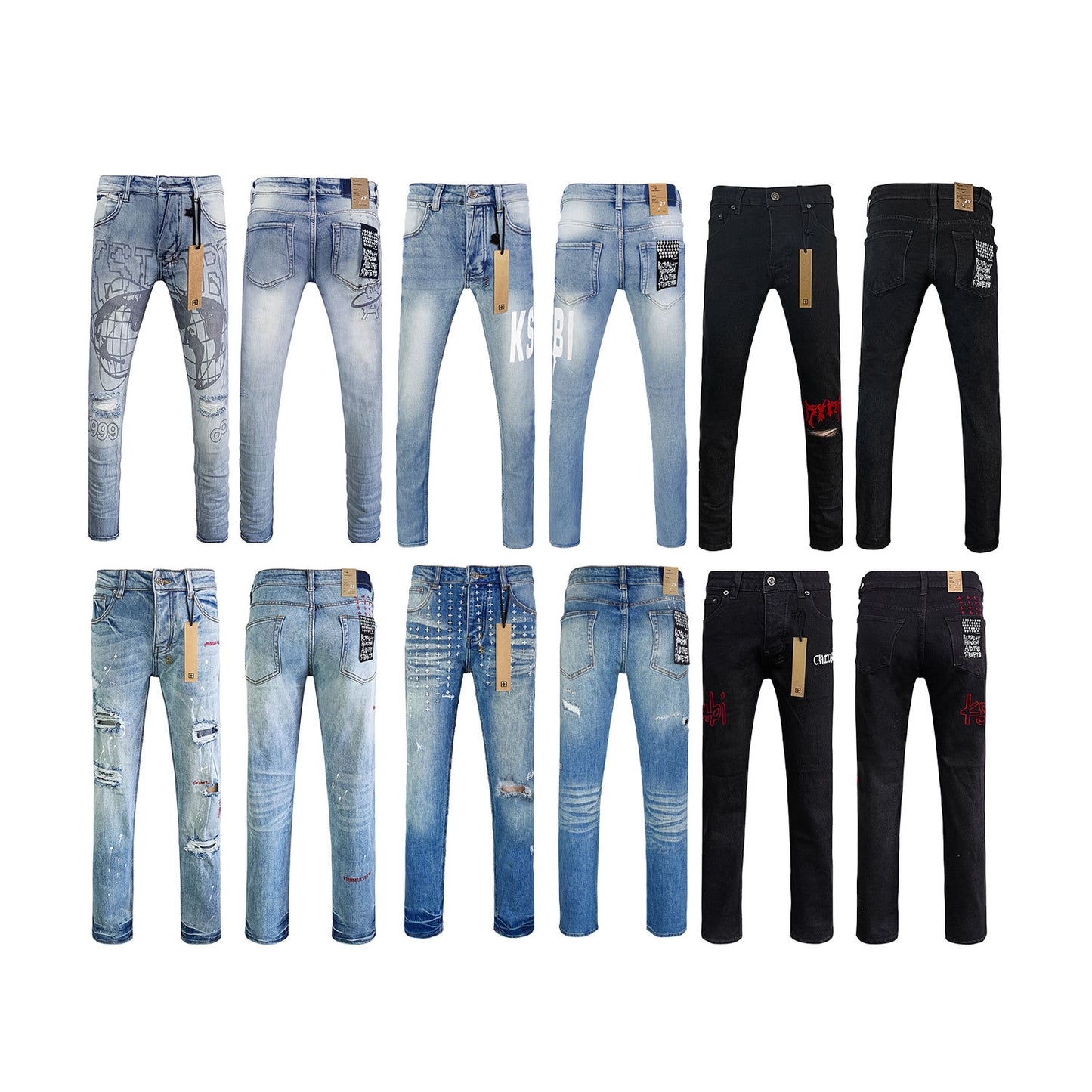 Men's KSB Jeans Straight Leg Ripped Stretch American High Street Casual Men's Jeans