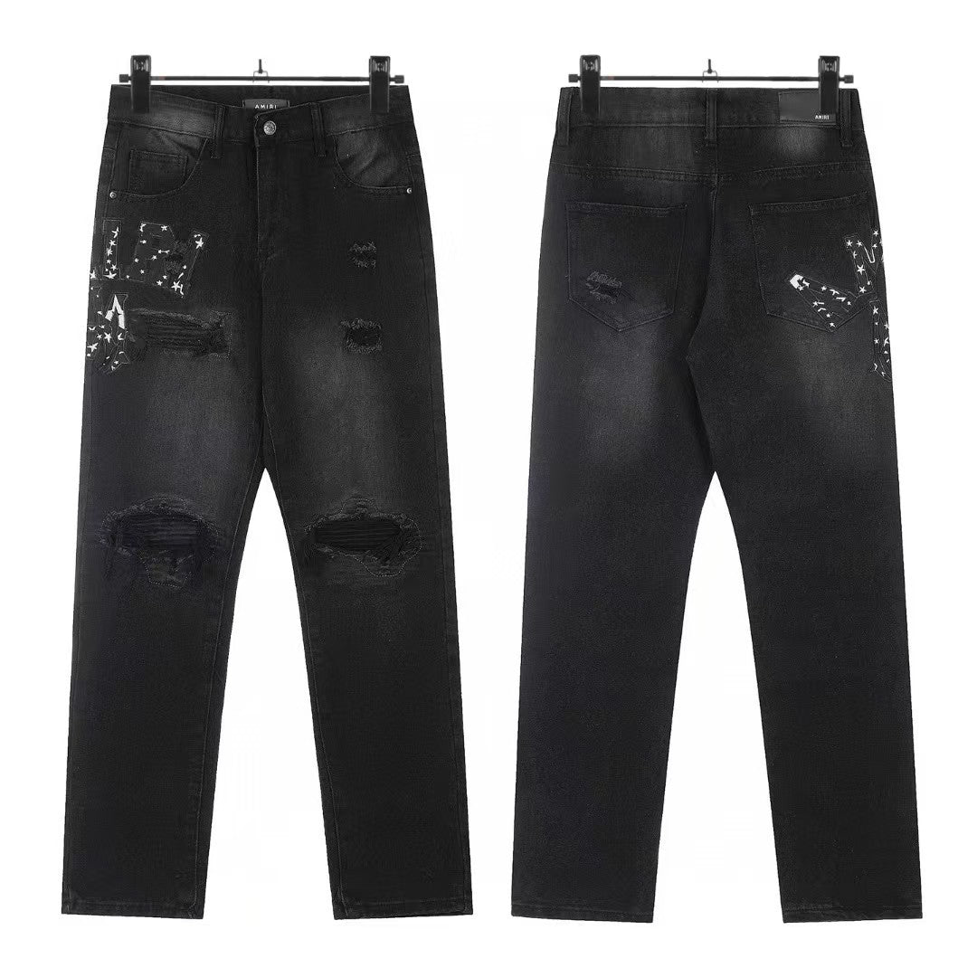 Cross-Border Foreign Trade AM American High Street Ripped Patch Letter Embroidery Washed Slim Straight Skinny Jeans Long Pants